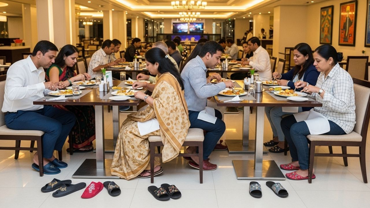 ચપ્પલ અને ચંપલ પહેરીને ભોજન ન કરવું એ માત્ર ધાર્મિક માન્યતા જ નથી, પરંતુ સ્વચ્છતા અને સ્વાસ્થ્ય માટે પણ જરૂરી છે. આ પરંપરા વૈજ્ઞાનિકતા અને આધ્યાત્મિકતા બંનેને સમાવે છે અને આપણા જીવનમાં પવિત્રતા, આરોગ્ય અને સમૃદ્ધિ લાવે છે.