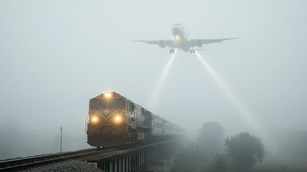 गंभीर AQI के साथ घने कोहरे के पहरे में दिल्ली, 97 फ्लाइट कैंसिल, 200 से अधिक लेट; रेलवे की भी थमी रफ्तार | Dense Fog and Poor AQI Disrupt Air and Rail Travel in...