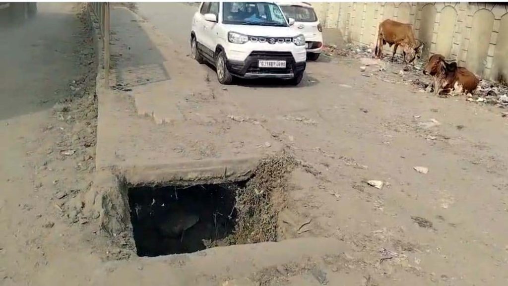 ભરૂચ નજીક NH64 ઉપરની તૂટેલી ગટરો નાગરિકો માટે જોખમરૂપ