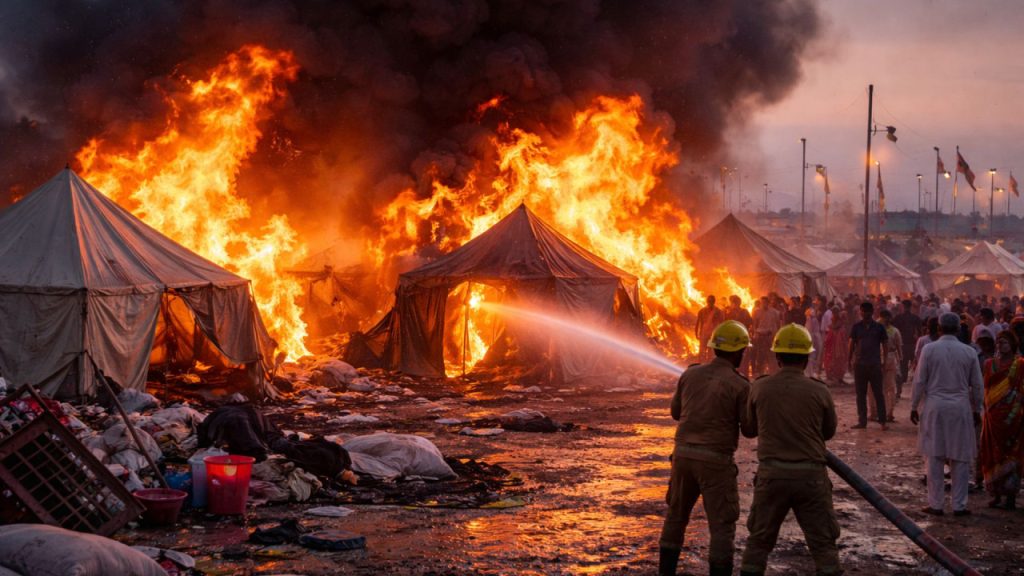 माघ मेले के शिविर में आग का तांडव, लपटें उठने से लोगों में दहशत; किशोरी मठ में हुआ हादसा | Fire breaks out in Magh Mela camp Kishori...