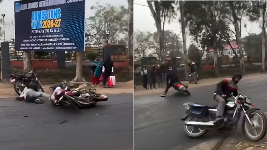 जिसने भी ब्रेक मारा वो गिरा..सड़क पर हर मिनट फिसलते रहे बाइक सवार, अमरोहा का ये वीडियो देखकर आप भी हो जाएंगे हैरान | Amroha Multiple Bikers Fall Slippery Road Sugar Mill Waste Turns Dangerous Rain...