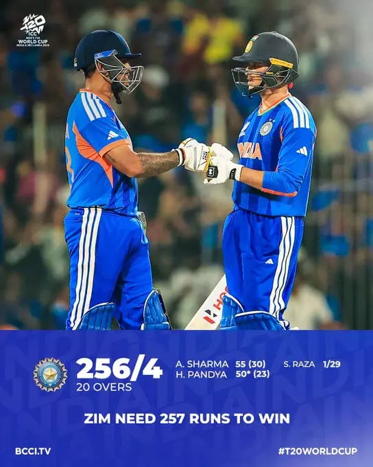 IND vs ZIM T20 WC SUPER 8: ભારતની તોફાની ઇનિંગ્સે ZIMને 257 રનનો ટાર્ગેટ આપ્યો IND vs ZIM T20 WC SUPER 8: भारत की तूफानी पारी ने ZIM को दिए 257 का टारगेट