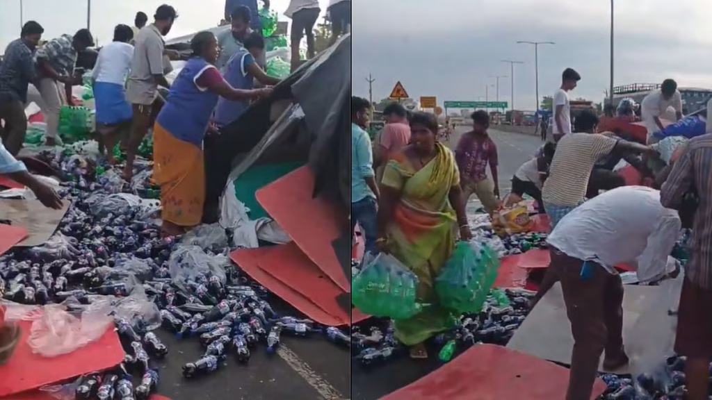 Andhra Pradesh : सॉफ्ट ड्रिंक ट्रक पलटा, भीड़ बोतलों को लूटने के लिए टूट पड़ी – VIDEO